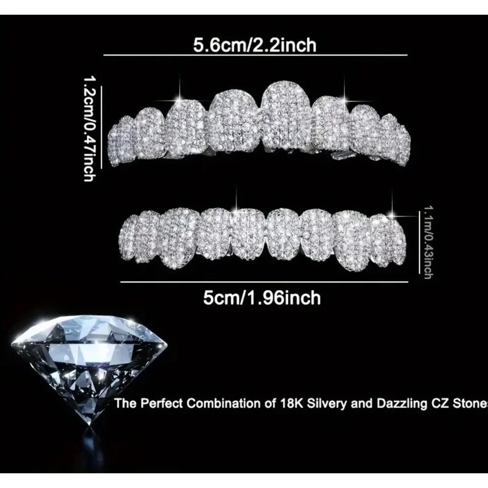 SOLID bling Silver Simulated Diamonds Custom GRILLZ Teeth Top Bottom Set HipHop